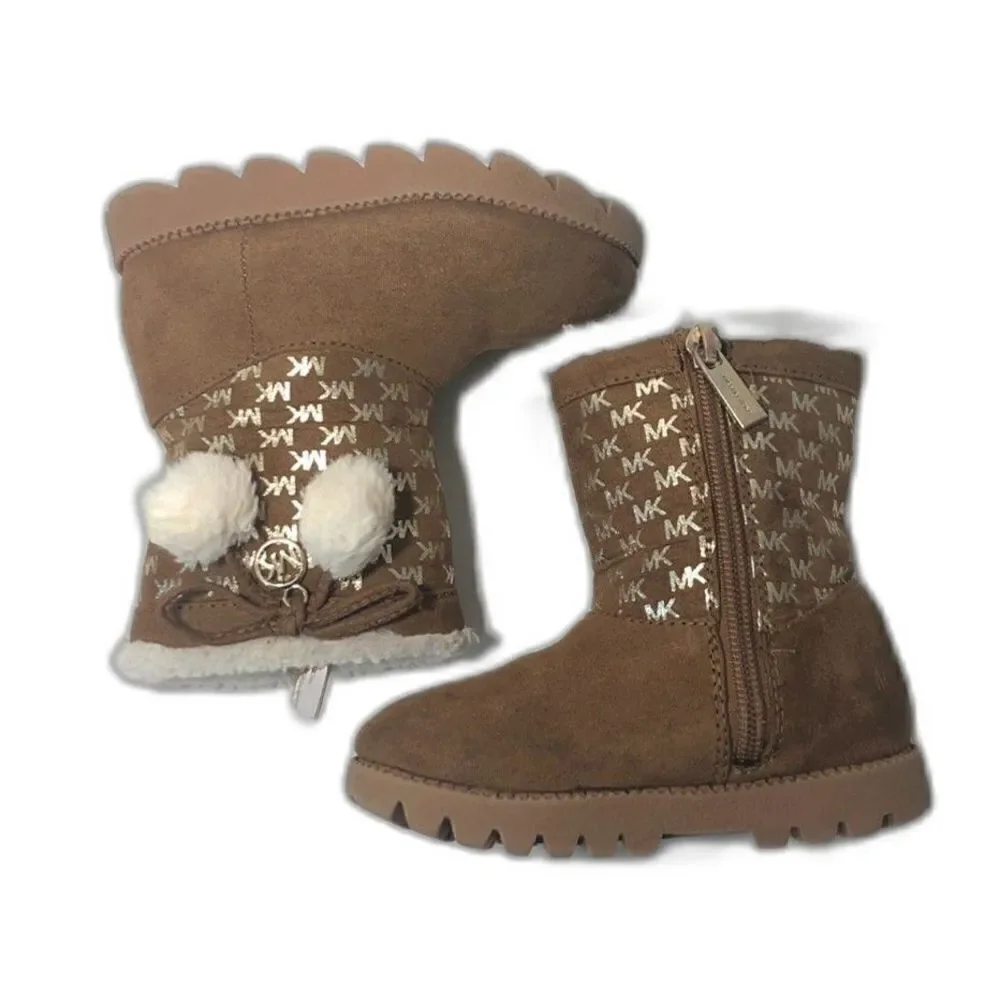 MICHAEL KORS Boots Toddler Size 7 Brown Gold MK Logo Pom Poms Payson